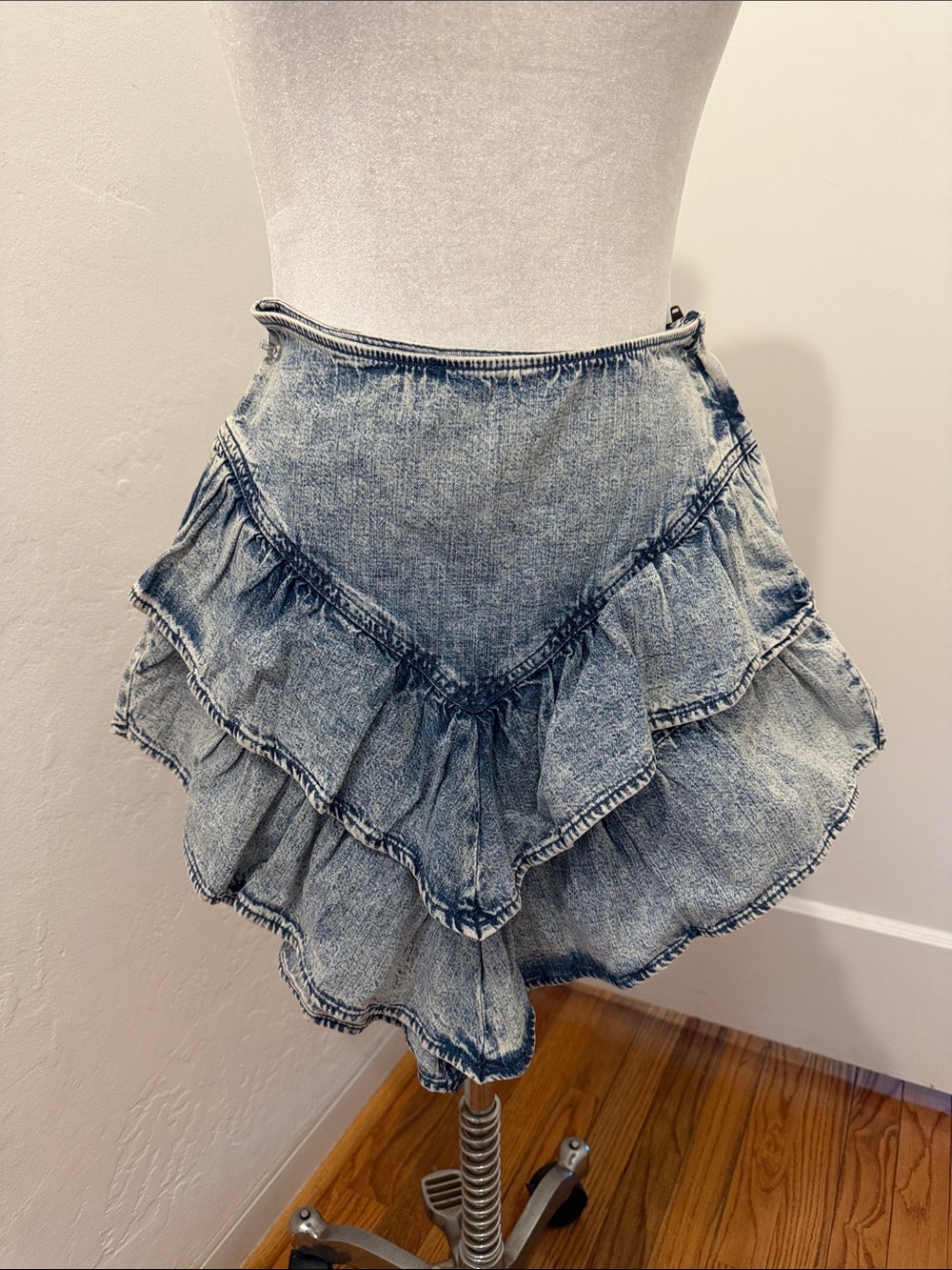 MOTHER Blue Washed Denim Tiered Ruffle Skirt